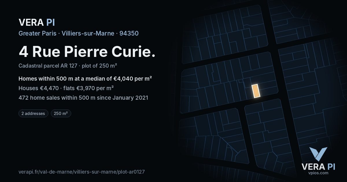 4 Rue Pierre Curie, Villiers-sur-Marne at night – the plot lit, the parcels around coloured by the prices near them