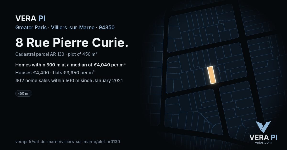 8 Rue Pierre Curie, Villiers-sur-Marne at night – the plot lit, the parcels around coloured by the prices near them