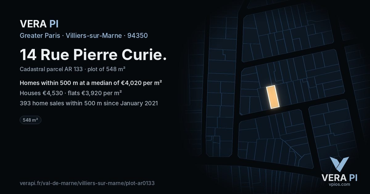 14 Rue Pierre Curie, Villiers-sur-Marne at night – the plot lit, the parcels around coloured by the prices near them