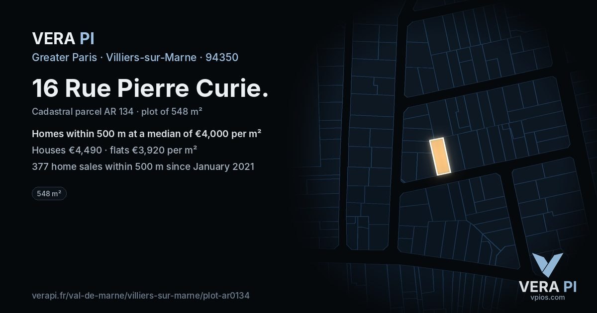 16 Rue Pierre Curie, Villiers-sur-Marne at night – the plot lit, the parcels around coloured by the prices near them