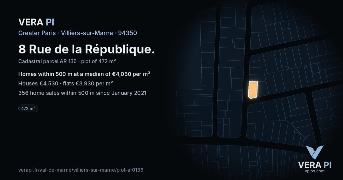 8 Rue de la République, Villiers-sur-Marne at night – the plot lit, the parcels around coloured by the prices near them