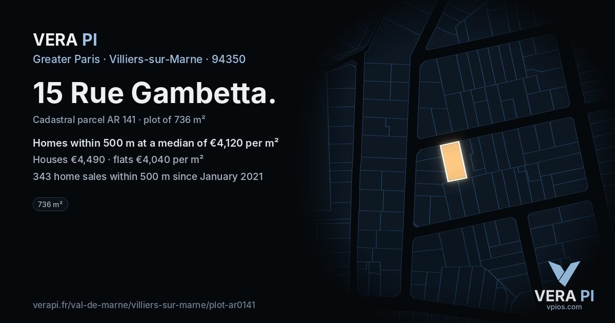 15 Rue Gambetta, Villiers-sur-Marne at night – the plot lit, the parcels around coloured by the prices near them