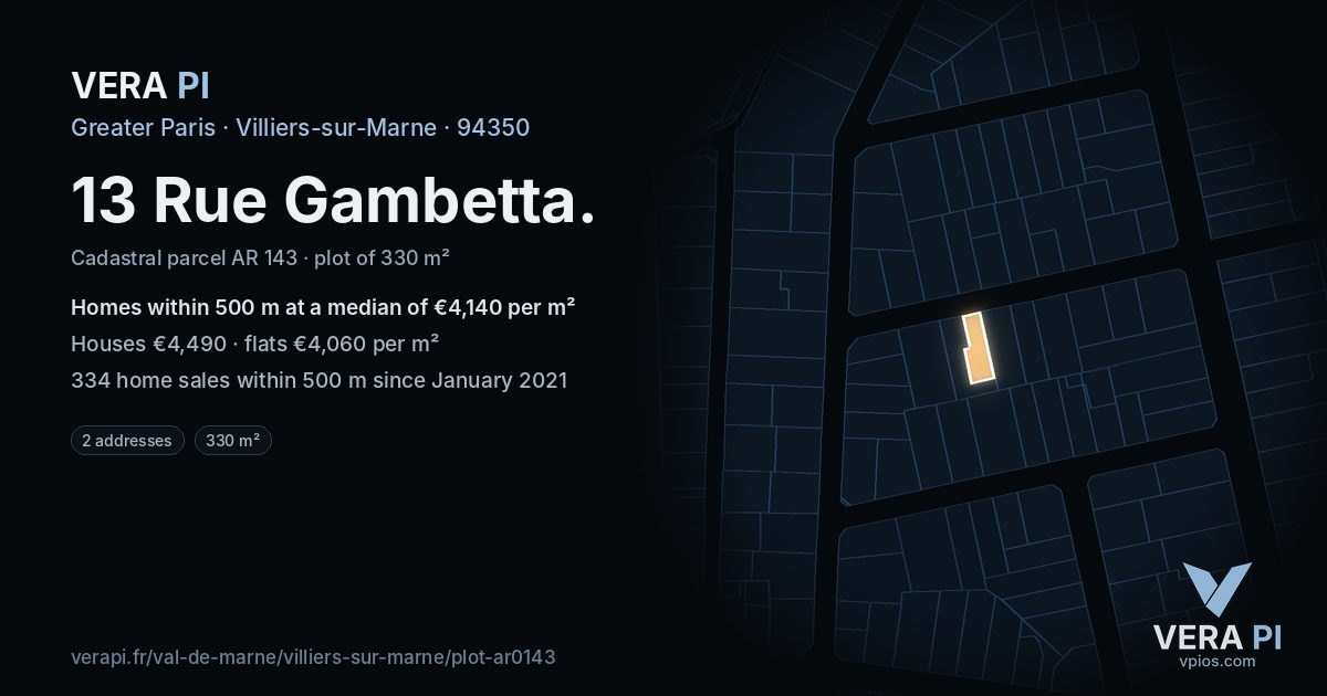 13 Rue Gambetta, Villiers-sur-Marne at night – the plot lit, the parcels around coloured by the prices near them