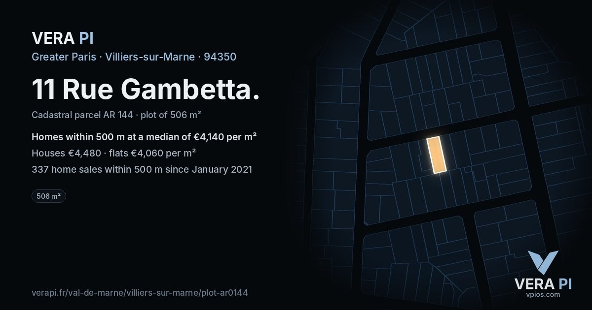 11 Rue Gambetta, Villiers-sur-Marne at night – the plot lit, the parcels around coloured by the prices near them