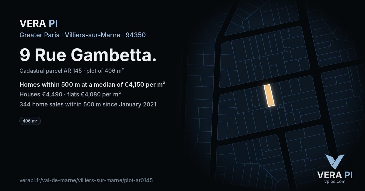 9 Rue Gambetta, Villiers-sur-Marne at night – the plot lit, the parcels around coloured by the prices near them