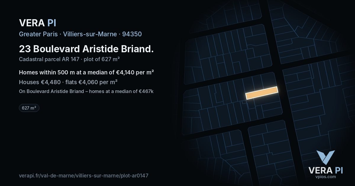 23 Boulevard Aristide Briand, Villiers-sur-Marne at night – the plot lit, the parcels around coloured by the prices near them