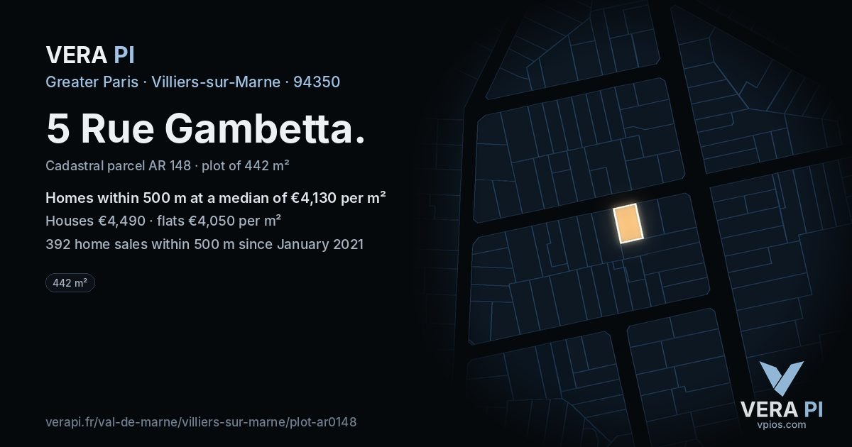 5 Rue Gambetta, Villiers-sur-Marne at night – the plot lit, the parcels around coloured by the prices near them