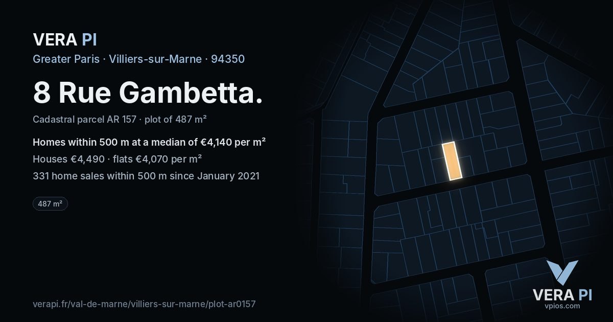 8 Rue Gambetta, Villiers-sur-Marne at night – the plot lit, the parcels around coloured by the prices near them