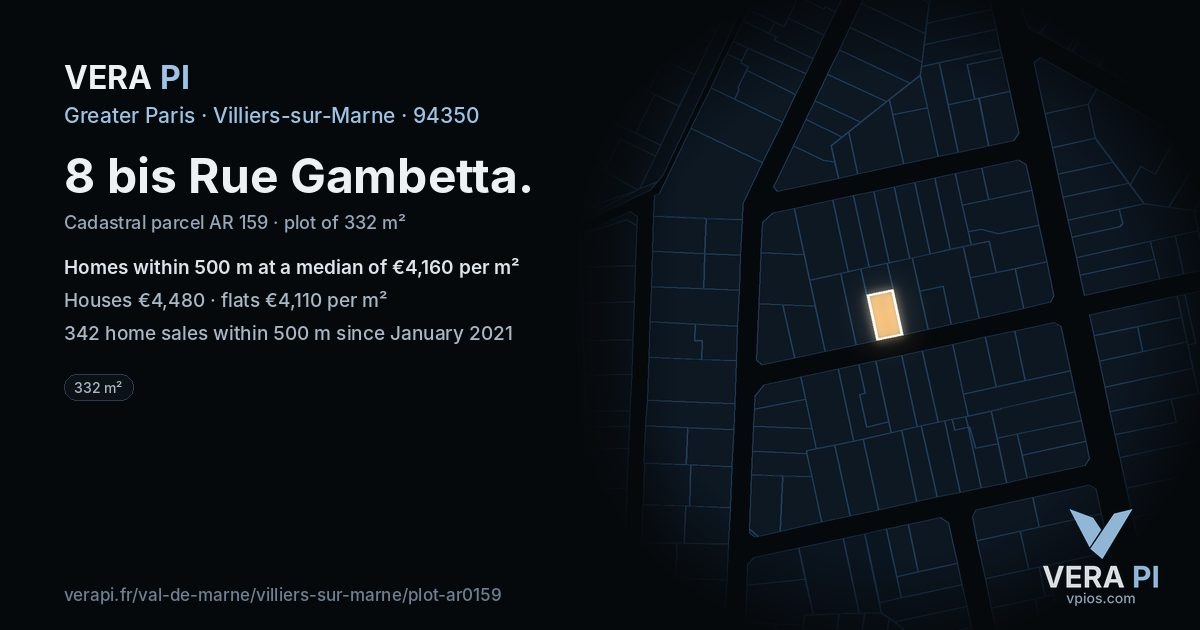 8 bis Rue Gambetta, Villiers-sur-Marne at night – the plot lit, the parcels around coloured by the prices near them