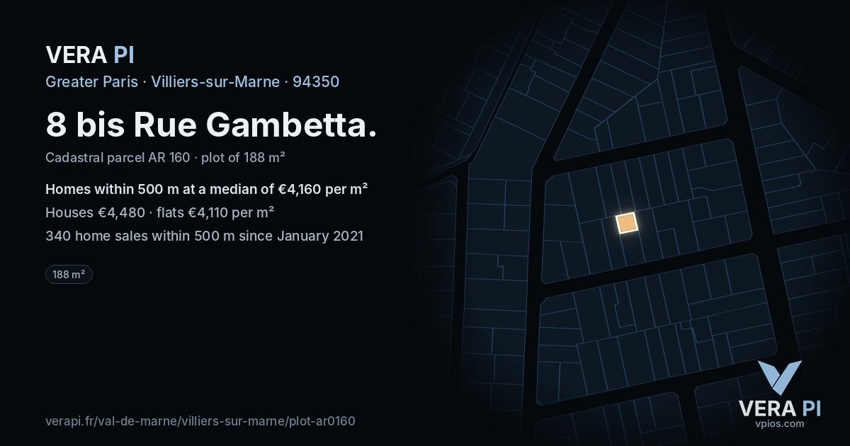 8 bis Rue Gambetta, Villiers-sur-Marne at night – the plot lit, the parcels around coloured by the prices near them