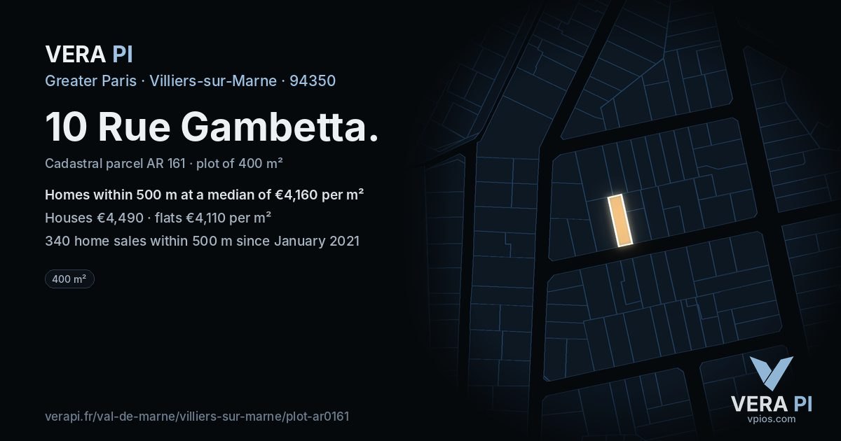 10 Rue Gambetta, Villiers-sur-Marne at night – the plot lit, the parcels around coloured by the prices near them