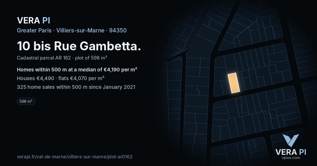 10 bis Rue Gambetta, Villiers-sur-Marne at night – the plot lit, the parcels around coloured by the prices near them