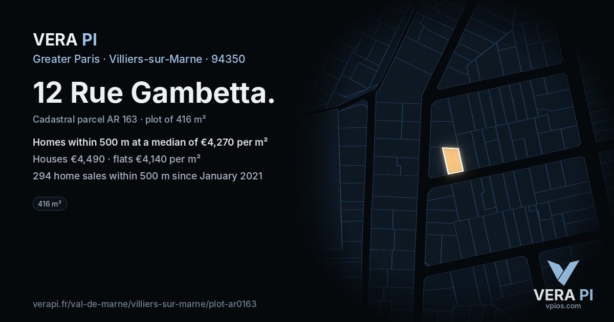 12 Rue Gambetta, Villiers-sur-Marne at night – the plot lit, the parcels around coloured by the prices near them