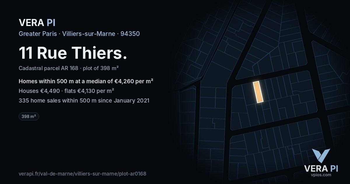11 Rue Thiers, Villiers-sur-Marne at night – the plot lit, the parcels around coloured by the prices near them