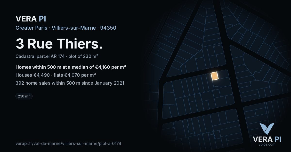 3 Rue Thiers, Villiers-sur-Marne at night – the plot lit, the parcels around coloured by the prices near them
