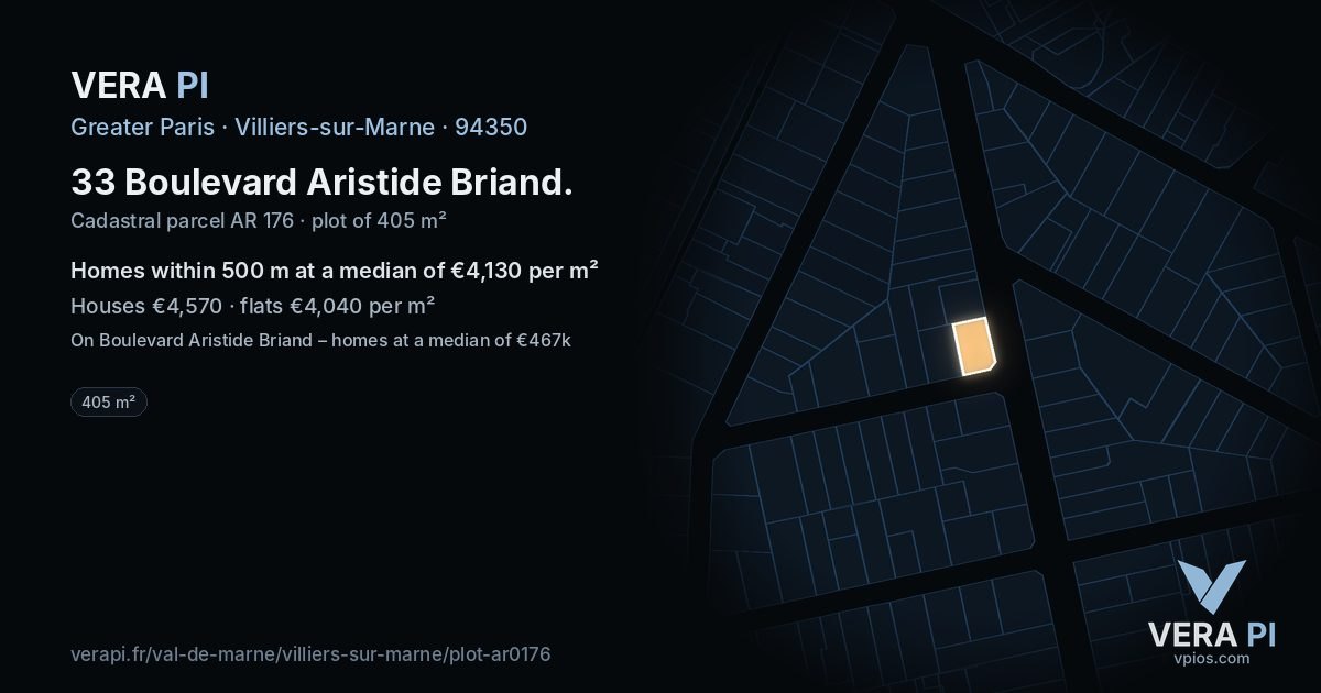 33 Boulevard Aristide Briand, Villiers-sur-Marne at night – the plot lit, the parcels around coloured by the prices near them