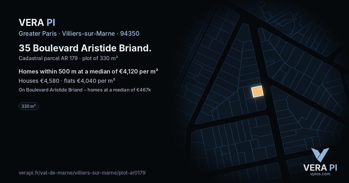 35 Boulevard Aristide Briand, Villiers-sur-Marne at night – the plot lit, the parcels around coloured by the prices near them