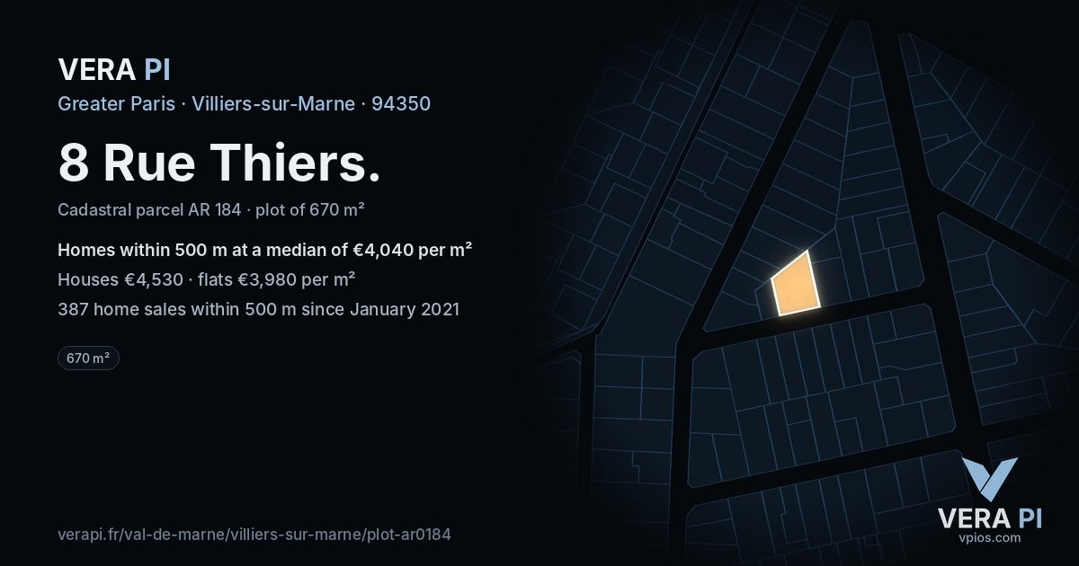 8 Rue Thiers, Villiers-sur-Marne at night – the plot lit, the parcels around coloured by the prices near them