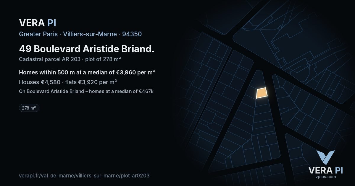 49 Boulevard Aristide Briand, Villiers-sur-Marne at night – the plot lit, the parcels around coloured by the prices near them