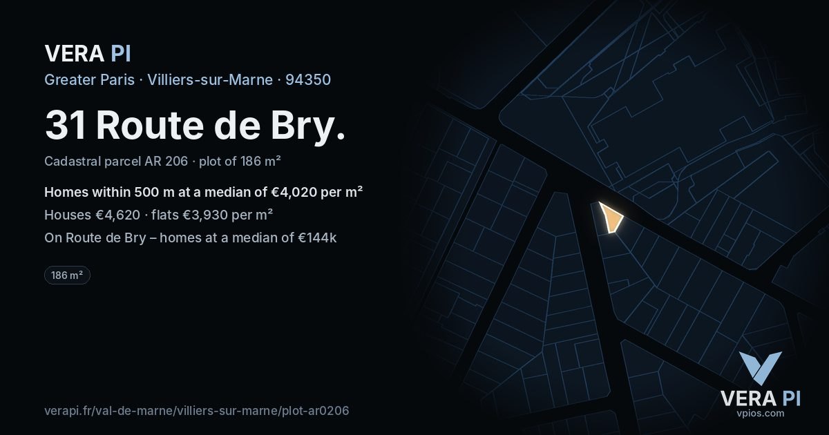 31 Route de Bry, Villiers-sur-Marne at night – the plot lit, the parcels around coloured by the prices near them