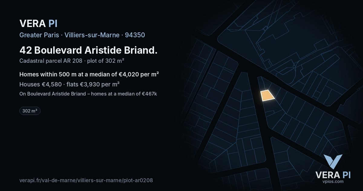 42 Boulevard Aristide Briand, Villiers-sur-Marne at night – the plot lit, the parcels around coloured by the prices near them