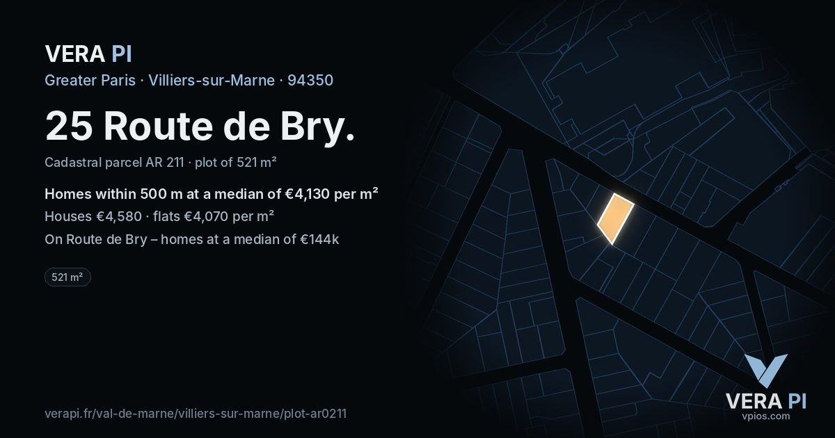 25 Route de Bry, Villiers-sur-Marne at night – the plot lit, the parcels around coloured by the prices near them