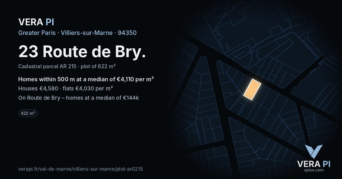 23 Route de Bry, Villiers-sur-Marne at night – the plot lit, the parcels around coloured by the prices near them