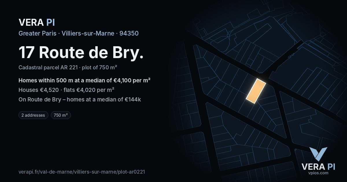 17 Route de Bry, Villiers-sur-Marne at night – the plot lit, the parcels around coloured by the prices near them