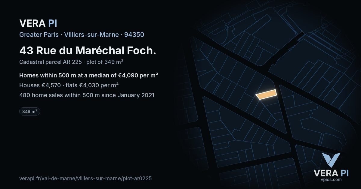 43 Rue du Maréchal Foch, Villiers-sur-Marne at night – the plot lit, the parcels around coloured by the prices near them
