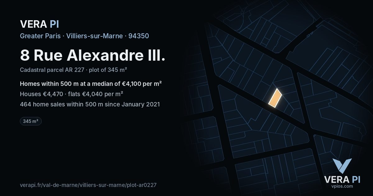 8 Rue Alexandre III, Villiers-sur-Marne at night – the plot lit, the parcels around coloured by the prices near them