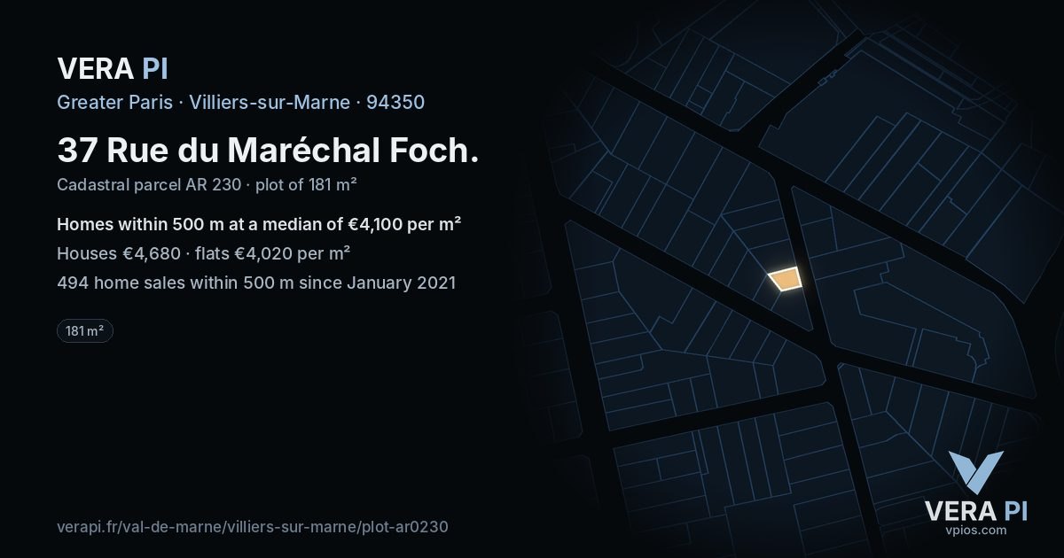 37 Rue du Maréchal Foch, Villiers-sur-Marne at night – the plot lit, the parcels around coloured by the prices near them