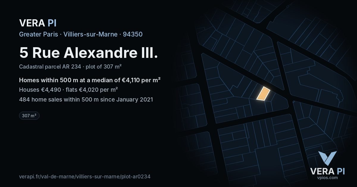 5 Rue Alexandre III, Villiers-sur-Marne at night – the plot lit, the parcels around coloured by the prices near them