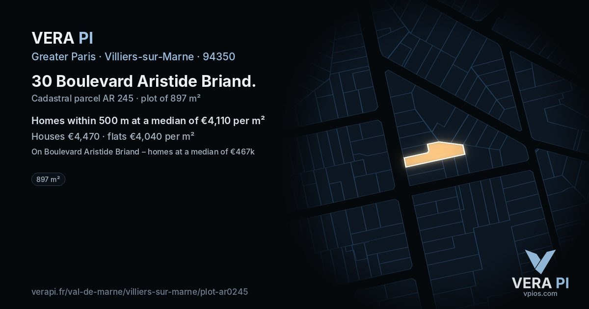 30 Boulevard Aristide Briand, Villiers-sur-Marne at night – the plot lit, the parcels around coloured by the prices near them