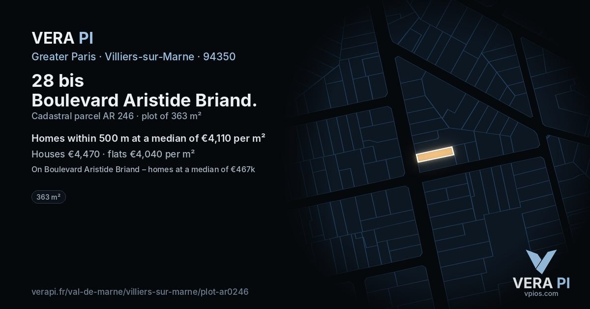 28 bis Boulevard Aristide Briand, Villiers-sur-Marne at night – the plot lit, the parcels around coloured by the prices near them
