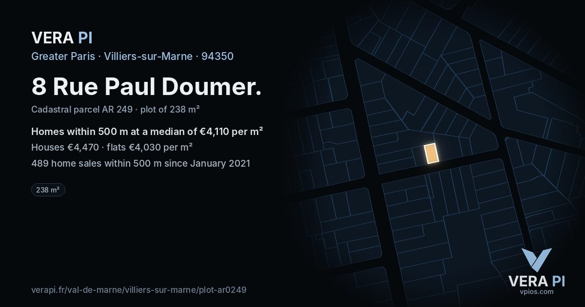 8 Rue Paul Doumer, Villiers-sur-Marne at night – the plot lit, the parcels around coloured by the prices near them