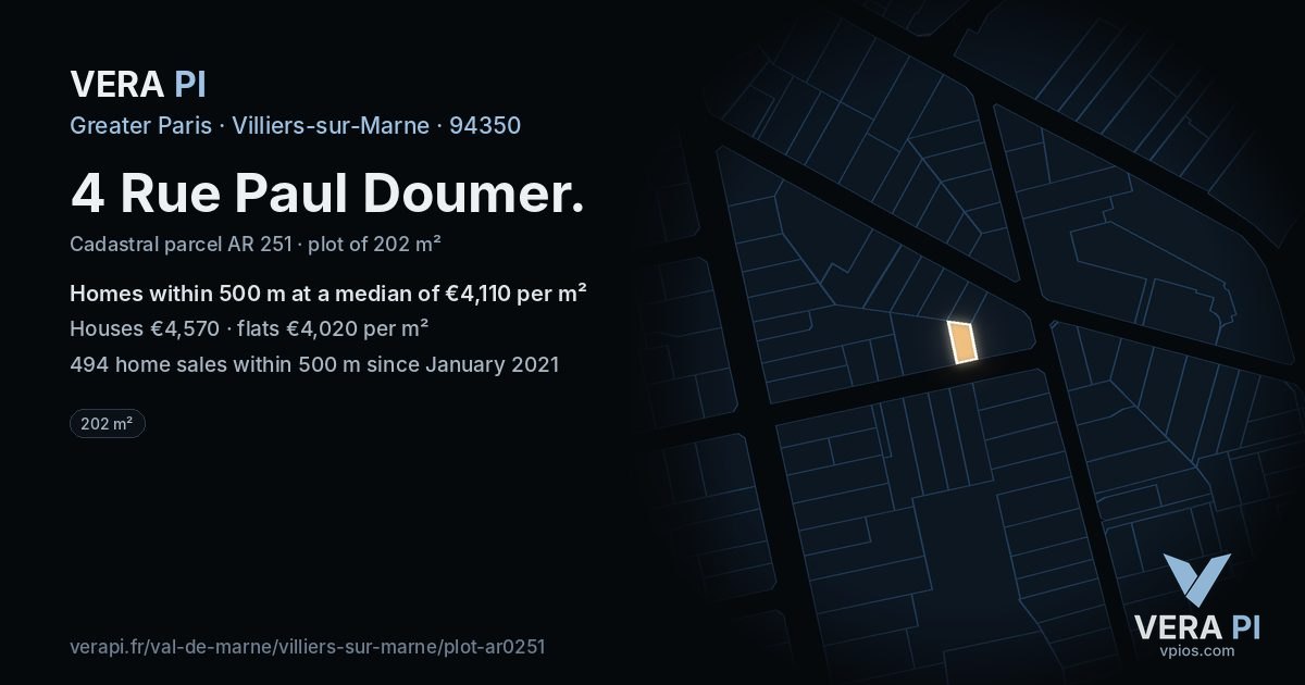 4 Rue Paul Doumer, Villiers-sur-Marne at night – the plot lit, the parcels around coloured by the prices near them