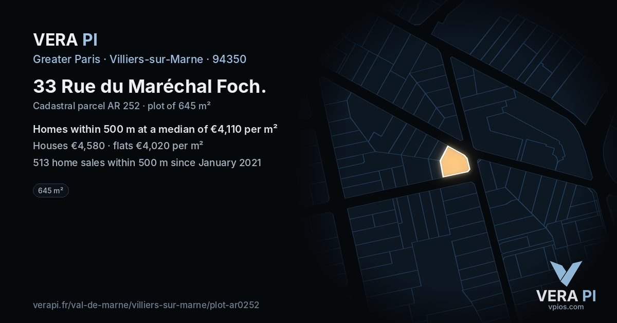 33 Rue du Maréchal Foch, Villiers-sur-Marne at night – the plot lit, the parcels around coloured by the prices near them