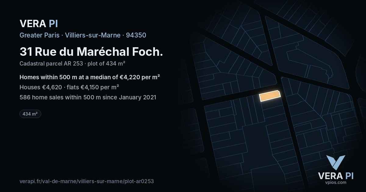 31 Rue du Maréchal Foch, Villiers-sur-Marne at night – the plot lit, the parcels around coloured by the prices near them