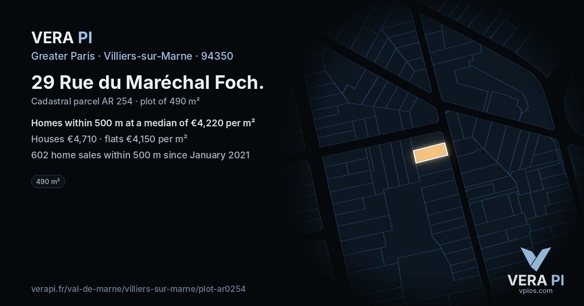 29 Rue du Maréchal Foch, Villiers-sur-Marne at night – the plot lit, the parcels around coloured by the prices near them