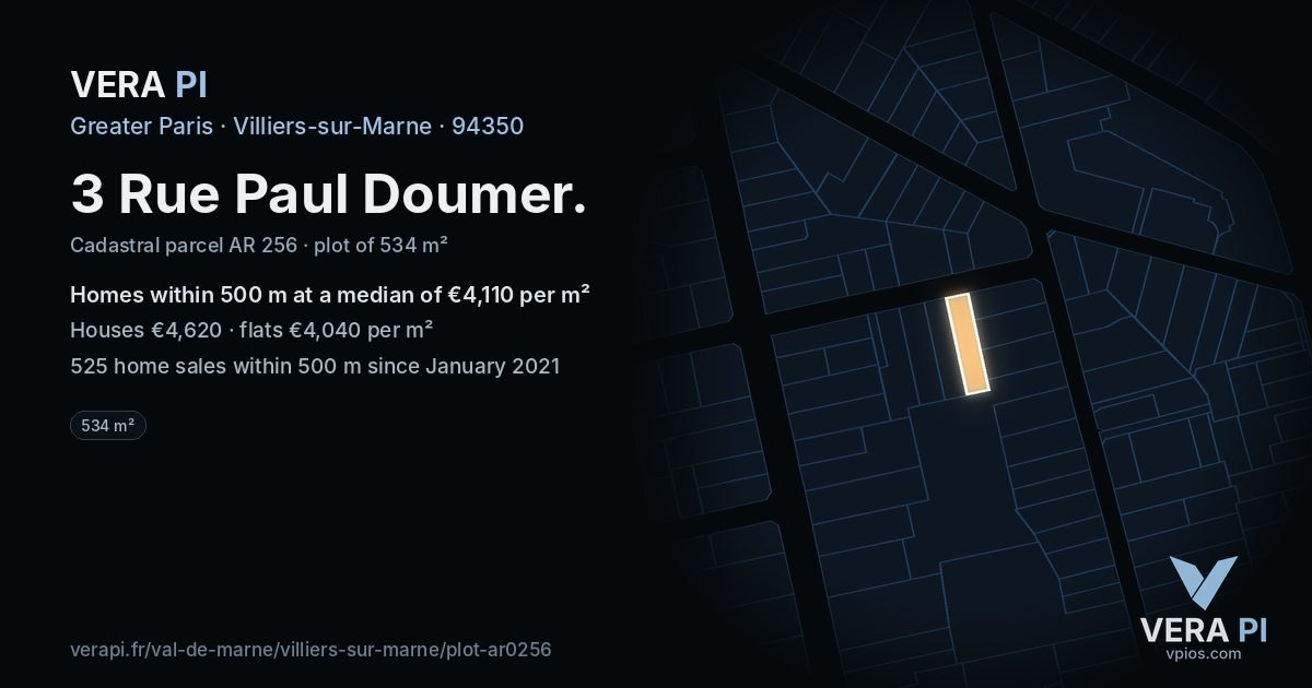 3 Rue Paul Doumer, Villiers-sur-Marne at night – the plot lit, the parcels around coloured by the prices near them