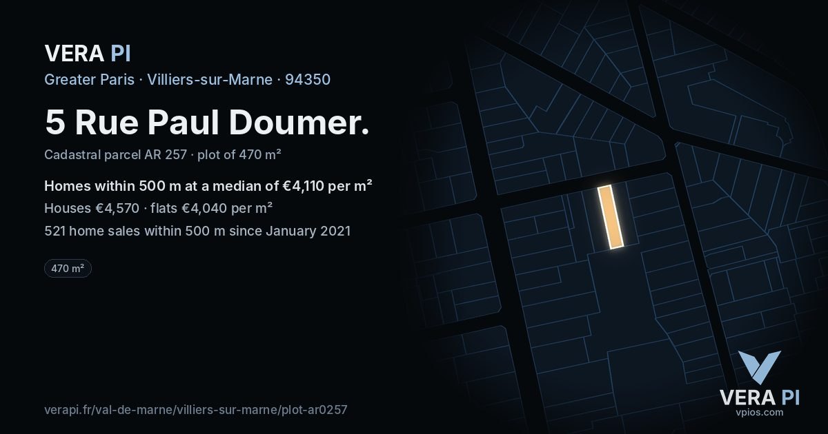 5 Rue Paul Doumer, Villiers-sur-Marne at night – the plot lit, the parcels around coloured by the prices near them