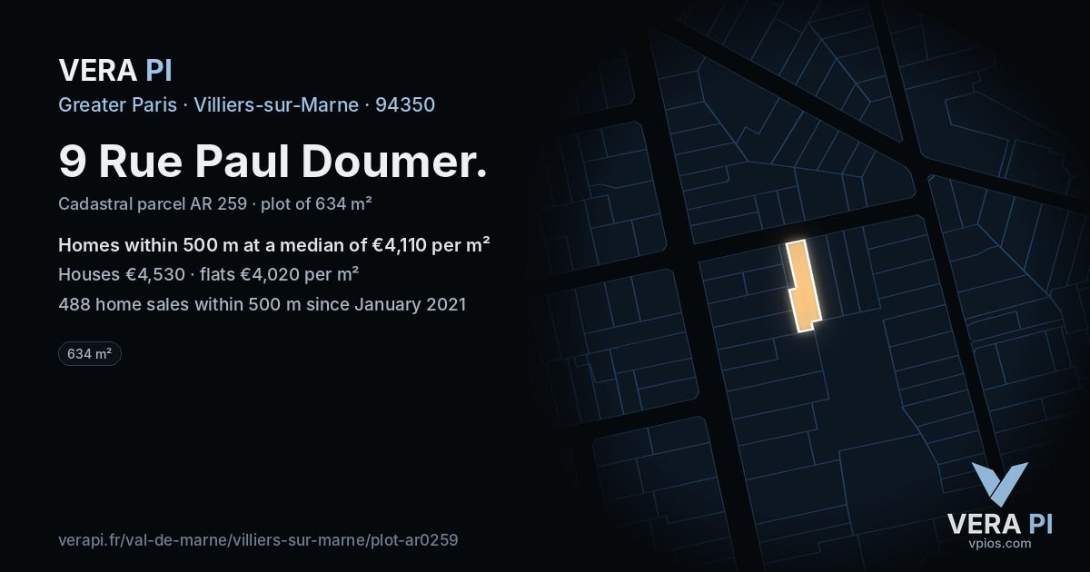 9 Rue Paul Doumer, Villiers-sur-Marne at night – the plot lit, the parcels around coloured by the prices near them