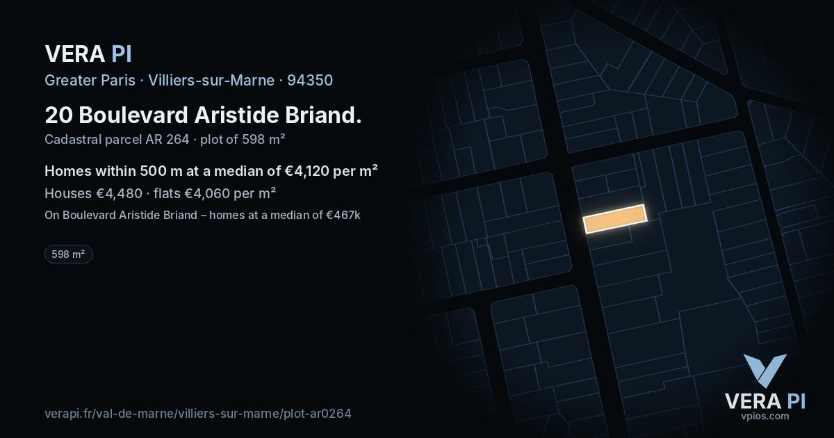 20 Boulevard Aristide Briand, Villiers-sur-Marne at night – the plot lit, the parcels around coloured by the prices near them