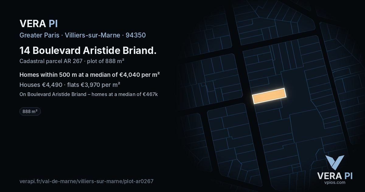 14 Boulevard Aristide Briand, Villiers-sur-Marne at night – the plot lit, the parcels around coloured by the prices near them