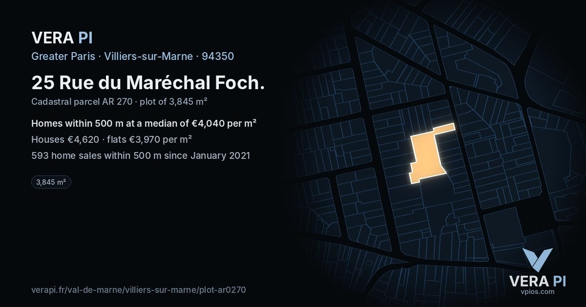 25 Rue du Maréchal Foch, Villiers-sur-Marne at night – the plot lit, the parcels around coloured by the prices near them