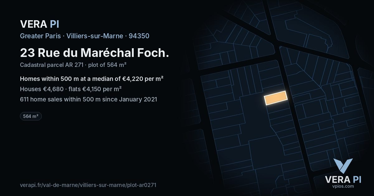 23 Rue du Maréchal Foch, Villiers-sur-Marne at night – the plot lit, the parcels around coloured by the prices near them