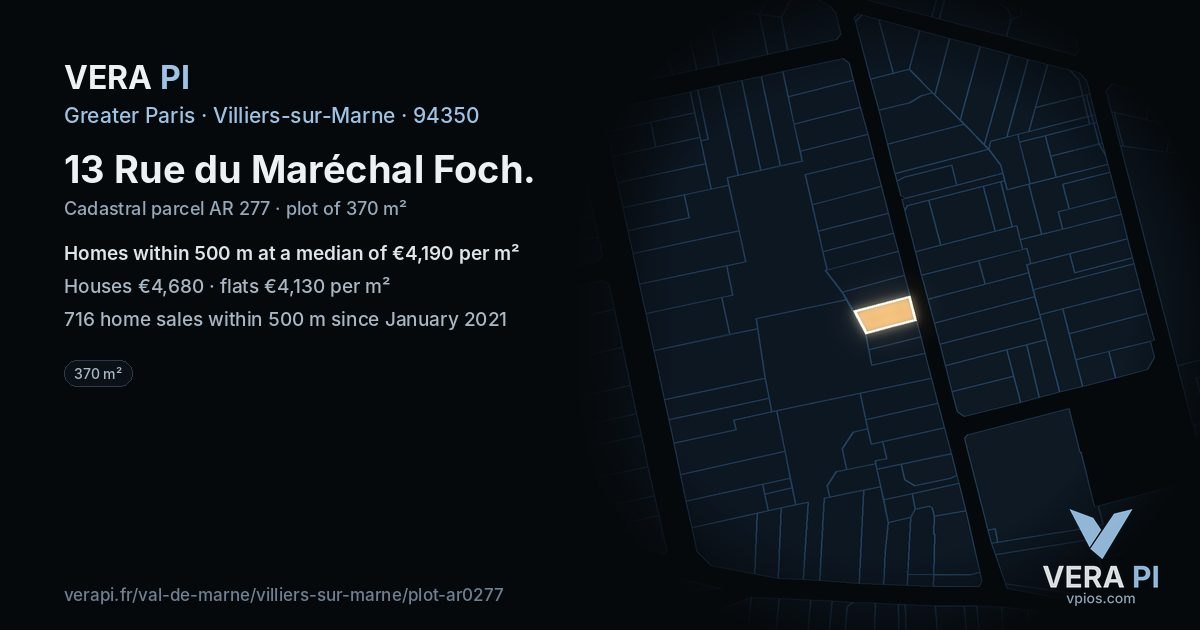 13 Rue du Maréchal Foch, Villiers-sur-Marne at night – the plot lit, the parcels around coloured by the prices near them