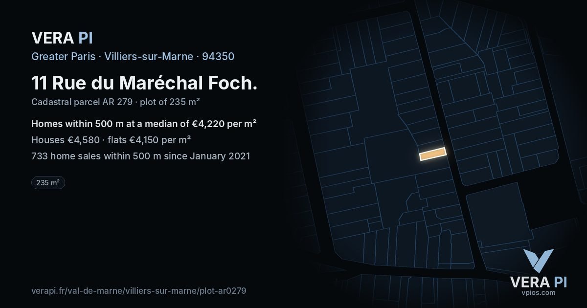 11 Rue du Maréchal Foch, Villiers-sur-Marne at night – the plot lit, the parcels around coloured by the prices near them