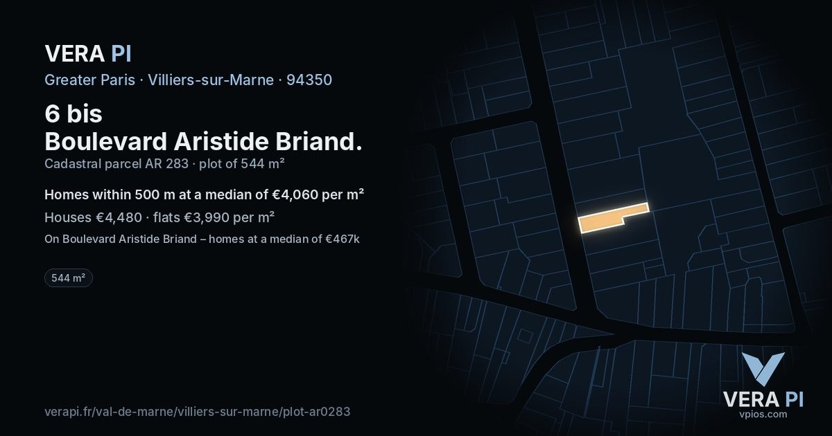 6 bis Boulevard Aristide Briand, Villiers-sur-Marne at night – the plot lit, the parcels around coloured by the prices near them