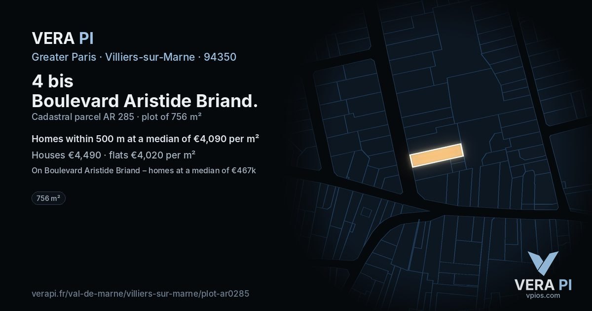 4 bis Boulevard Aristide Briand, Villiers-sur-Marne at night – the plot lit, the parcels around coloured by the prices near them